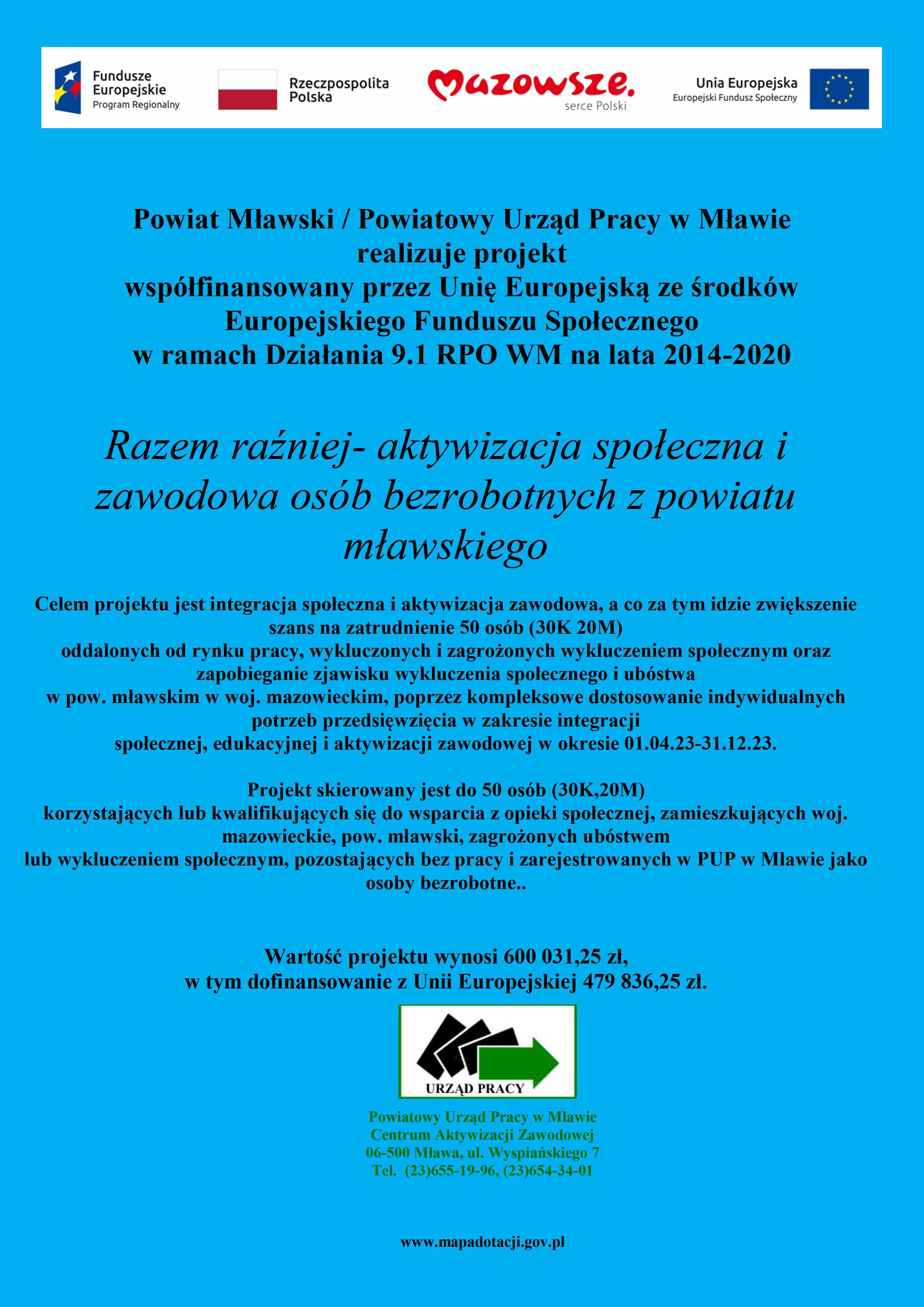 plakat Razem raźniej- aktywizacja społeczna i zawodowa osób bezrobotnych z powiatu mławskiego