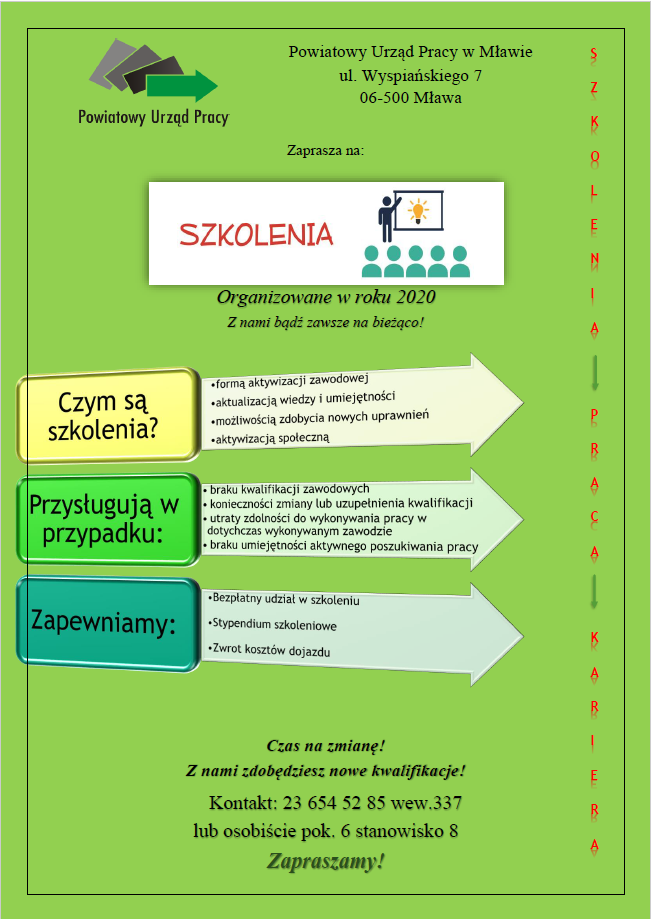 plakat promujący szkolenia organizowane przez Powiatowy Urząd Pracy w Mławie